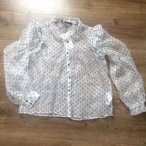 Zara silver gray/ black  Polka Dots long sleeve sheer see through ruffle blouse